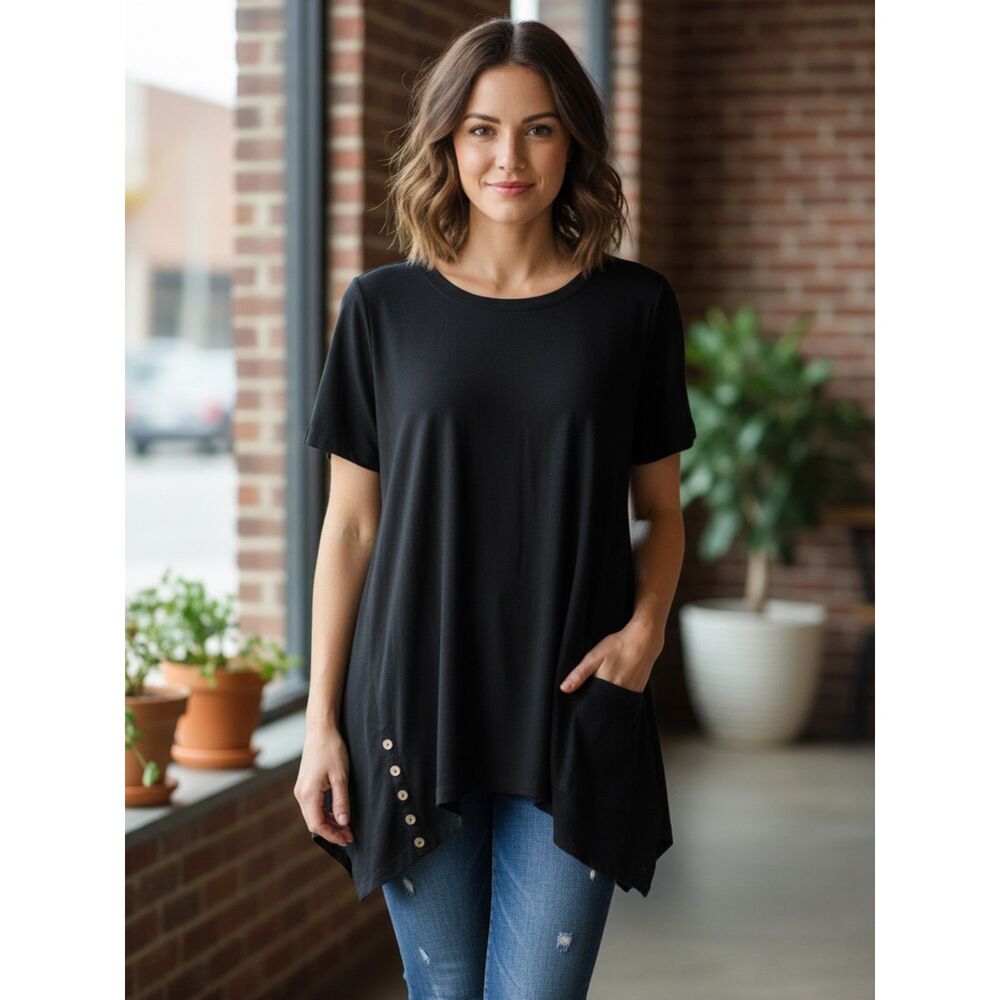 Logo Lori Goldstein Black Asymmetrical Top - Women's Size L